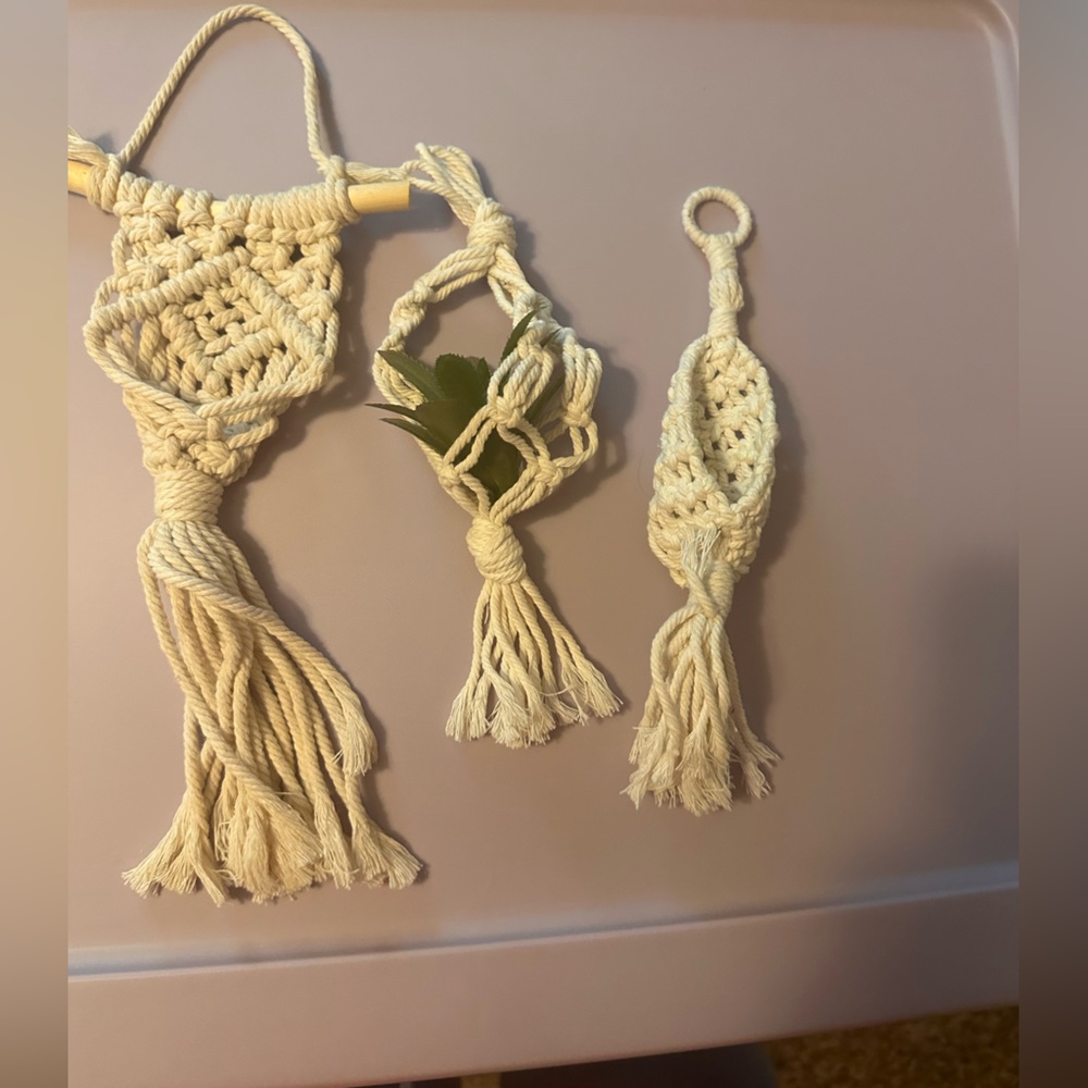 Handcrafted Cream Macramé mini flower Hanging Set- set of 3 & 1 faux succulent